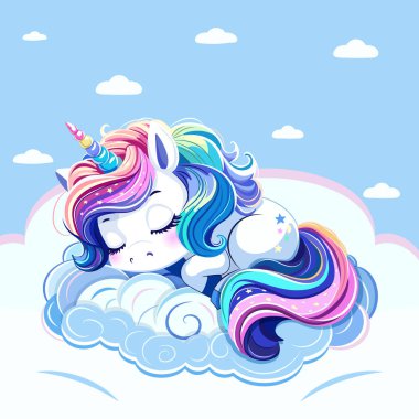 Renkli saçlı ve boynuzlu şirin tek boynuzlu at gökyüzündeki bulutta tatlı tatlı uyuyor. Çizgi film tarzında vektör illüstrasyonu.