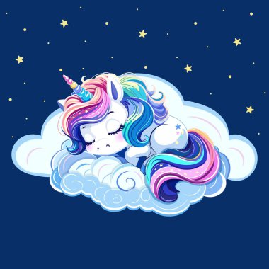 Renkli saçlı ve boynuzlu şirin tek boynuzlu at çizilmiş. Yıldızlı, koyu mavi bir arka planda tatlı tatlı uyuyor. Çizgi film tarzında vektör illüstrasyonu.