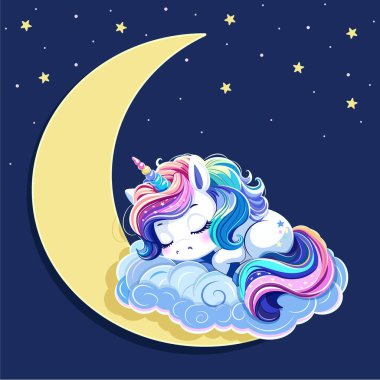 Renkli saçlı, boynuzlu, ay ışığında tatlı tatlı uyuyan ve koyu mavi arka planda yıldızları olan şirin bir tek boynuzlu at çizdim. Çizgi film tarzında vektör illüstrasyonu.