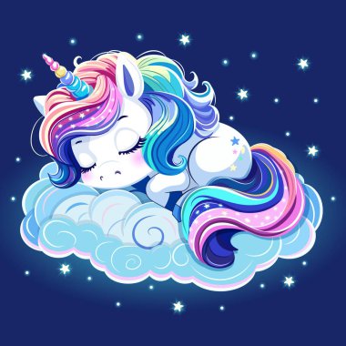 Renkli saçlı ve boynuzlu şirin tek boynuzlu at çizilmiş. Yıldızlı, koyu mavi bir arka planda tatlı tatlı uyuyor. Çizgi film tarzında vektör illüstrasyonu.