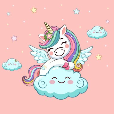 Boynuzlu ve kanatlı şirin, mütevazı tek boynuzlu at. Poster, Banner, Flyer, tebrik kartı. Çizgi film tarzında vektör illüstrasyonu