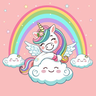 Boynuzu, kanatları ve gökkuşağı olan şirin mütevazı tek boynuzlu at buluta sarılıyor. Poster, Banner, Flyer, tebrik kartı. Çizgi film tarzında vektör illüstrasyonu