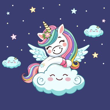 Boynuzlu ve kanatlı şirin, mütevazı tek boynuzlu at. Poster, Banner, Flyer, tebrik kartı. Çizgi film tarzında vektör illüstrasyonu