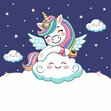 Şirin, mütevazı tek boynuzlu bir şablon ve beyaz arka planda özel bir metin var. Poster, afiş, el ilanı, tebrik kartı. Çizgi film tarzında vektör illüstrasyonu