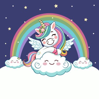 Şirin, mütevazı, kucaklayan tek boynuzlu at şablonu ve beyaz arka plana yerleştirilmiş özel bir metin. Poster, afiş, el ilanı, tebrik kartı. Çizgi film tarzında vektör illüstrasyonu