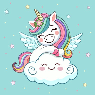 Boynuzlu ve kanatlı şirin, mütevazı tek boynuzlu at. Poster, Banner, Flyer, tebrik kartı. Çizgi film tarzında vektör illüstrasyonu