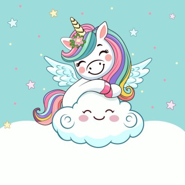 Şirin, mütevazı tek boynuzlu bir şablon ve beyaz arka planda özel bir metin var. Poster, afiş, el ilanı, tebrik kartı. Çizgi film tarzında vektör illüstrasyonu