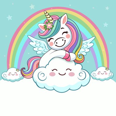 Şirin, mütevazı, kucaklayan tek boynuzlu at şablonu ve beyaz arka plana yerleştirilmiş özel bir metin. Poster, afiş, el ilanı, tebrik kartı. Çizgi film tarzında vektör illüstrasyonu