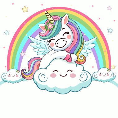 Boynuzu, kanatları ve gökkuşağı olan şirin, mütevazı tek boynuzlu bir şablon, beyaz arka planda sarılma bulutu. Poster, afiş, el ilanı, tebrik kartı. Çizgi film tarzında vektör illüstrasyonu