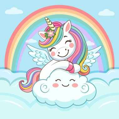 Boynuzlu ve kanatlı şirin, mütevazı tek boynuzlu at. Poster, Banner, Flyer, tebrik kartı. Çizgi film tarzında vektör illüstrasyonu