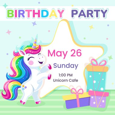 Doğum günü partisi davetiyesi şablonu altın boynuz ve kanatlarla gökkuşağıyla bir bulutun üzerinde duruyor. Çizgi film tarzında vektör illüstrasyonu