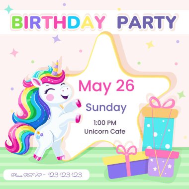 Doğum günü partisi davetiyesi. Çok renkli saçlı ve yıldızlı şirin ve mutlu tek boynuzlu bir at şablonu. Poster, Banner, Flyer. Çizgi film tarzında vektör illüstrasyonu