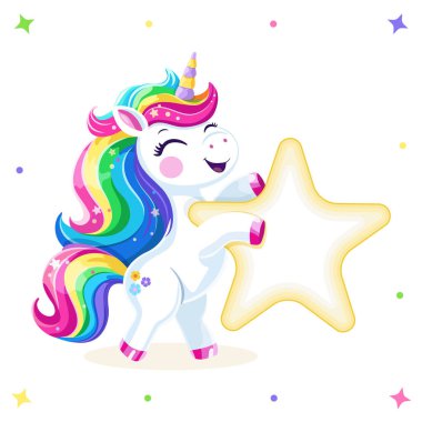 Sevimli ve mutlu tek boynuzlu at, çok renkli saçlı ve yıldızlı. Poster, Banner, Flyer. Çizgi film tarzında vektör illüstrasyonu