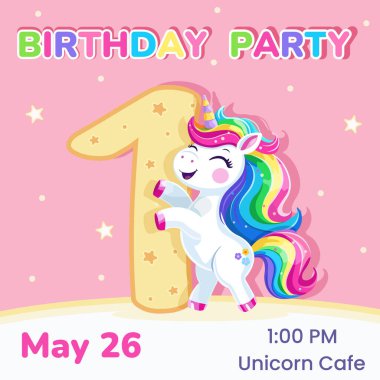 Bir numaralı doğum günü partisi davetiyesi. Çok renkli saçlı ve yıldızlı şirin ve mutlu tek boynuzlu bir at şablonu. Poster, Banner, Flyer. Çizgi film tarzında vektör illüstrasyonu