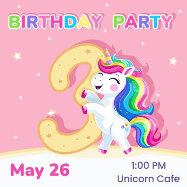 3 numaralı doğum günü partisi davetiyesi. Çok renkli saçlı ve yıldızlı şirin ve mutlu tek boynuzlu bir at şablonu. Poster, Banner, Flyer. Çizgi film tarzında vektör illüstrasyonu