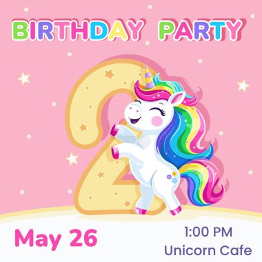 2 numaralı doğum günü partisi davetiyesi. Çok renkli saçlı ve yıldızlı şirin ve mutlu tek boynuzlu bir at şablonu. Poster, Banner, Flyer. Çizgi film tarzında vektör illüstrasyonu