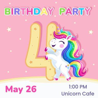 4 numaralı doğum günü partisi davetiyesi. Çok renkli saçlı ve yıldızlı şirin ve mutlu tek boynuzlu bir at şablonu. Poster, Banner, Flyer. Çizgi film tarzında vektör illüstrasyonu