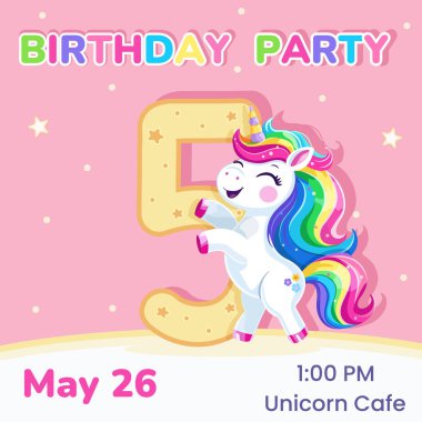 5 numaralı doğum günü partisi davetiyesi. Çok renkli saçlı ve yıldızlı şirin ve mutlu tek boynuzlu bir at şablonu. Poster, Banner, Flyer. Çizgi film tarzında vektör illüstrasyonu