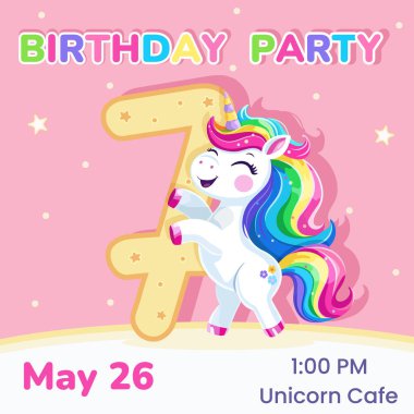 7 numaralı doğum günü partisi davetiyesi. Çok renkli saçlı ve yıldızlı şirin ve mutlu tek boynuzlu bir at şablonu. Poster, Banner, Flyer. Çizgi film tarzında vektör illüstrasyonu