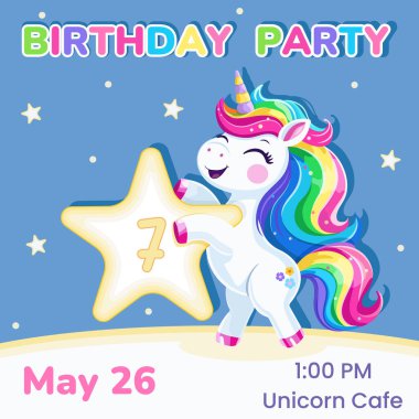 7 numaralı doğum günü partisi davetiyesi. Çok renkli saçlı ve yıldızlı şirin ve mutlu tek boynuzlu bir at şablonu. Poster, Banner, Flyer. Çizgi film tarzında vektör illüstrasyonu