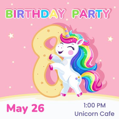 8 numaralı doğum günü partisi davetiyesi. Çok renkli saçlı ve yıldızlı şirin ve mutlu tek boynuzlu bir at şablonu. Poster, Banner, Flyer. Çizgi film tarzında vektör illüstrasyonu