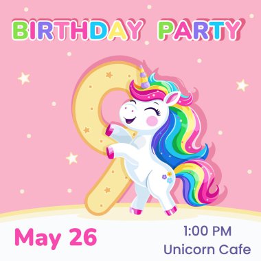 9 numaralı doğum günü partisi davetiyesi. Çok renkli saçlı ve yıldızlı şirin ve mutlu tek boynuzlu bir at şablonu. Poster, Banner, Flyer. Çizgi film tarzında vektör illüstrasyonu