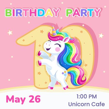 10 numaralı doğum günü partisi davetiyesi. Çok renkli saçlı ve yıldızlı şirin ve mutlu tek boynuzlu bir at şablonu. Poster, Banner, Flyer. Çizgi film tarzında vektör illüstrasyonu