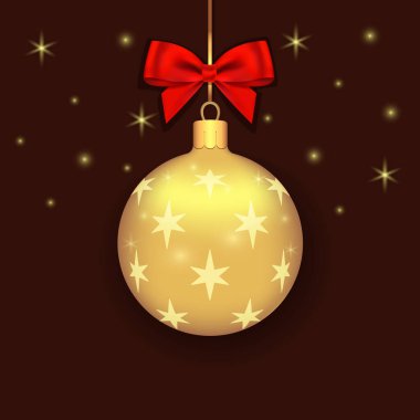 Yıldız desenli güzel altın Noel topları ve parlak arkaplanda kırmızı bir fiyonk. Yılbaşı ağacı ve Noel tasarımı için süslemeler. Vektör gerçekçi nesne Resim 10 EPS