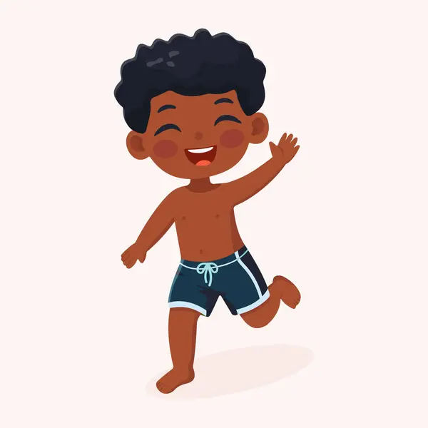 Beyaz arka planda mayolarla koşan sevimli ve mutlu bir çocuk. Poster, Banner, Flyer, yaz zamanı. Çizgi film tarzında vektör illüstrasyonu