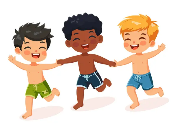 Farklı milletlerden mutlu çocuklar beyaz arka planda mayo giyerek el ele koşuyorlar. Poster, Banner, Flyer, yaz zamanı. Çizgi film tarzında vektör illüstrasyonu