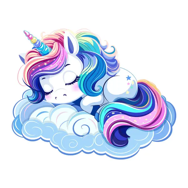 Renkli saçlı ve boynuzlu şirin tek boynuzlu at beyaz arka planda tatlı tatlı uyuyan bir bulut çizmiş. Çizgi film tarzında vektör illüstrasyonu.