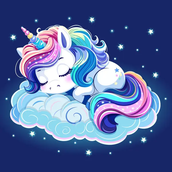 Renkli saçlı ve boynuzlu şirin tek boynuzlu at çizilmiş. Yıldızlı, koyu mavi bir arka planda tatlı tatlı uyuyor. Çizgi film tarzında vektör illüstrasyonu.