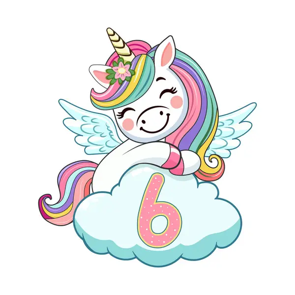 Boynuzlu ve kanatlı şirin mütevazı tek boynuzlu at beyaz arka planda bir numara olan bulutları kucaklıyor. Poster, Banner, Flyer, tebrik kartı. Çizgi film tarzında vektör illüstrasyonu