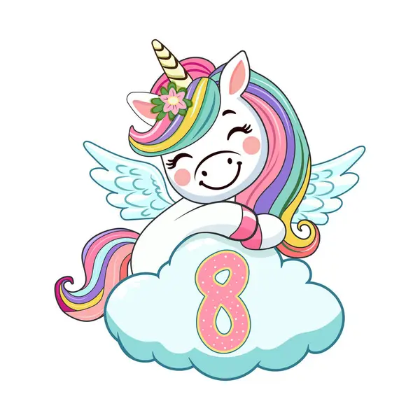Boynuzlu ve kanatlı şirin mütevazı tek boynuzlu at beyaz arka planda bir numara olan bulutları kucaklıyor. Poster, Banner, Flyer, tebrik kartı. Çizgi film tarzında vektör illüstrasyonu