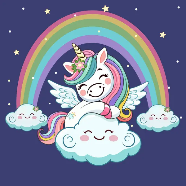Boynuzu, kanatları ve gökkuşağı olan şirin mütevazı tek boynuzlu at buluta sarılıyor. Poster, Banner, Flyer, tebrik kartı. Çizgi film tarzında vektör illüstrasyonu