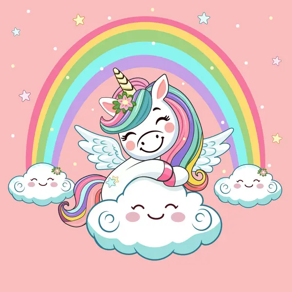 Boynuzu, kanatları ve gökkuşağı olan şirin mütevazı tek boynuzlu at buluta sarılıyor. Poster, Banner, Flyer, tebrik kartı. Çizgi film tarzında vektör illüstrasyonu