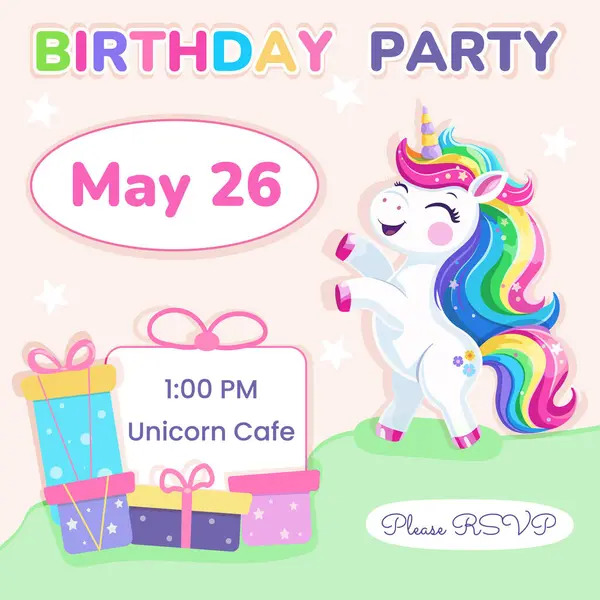 Doğum günü partisi davetiyesi. Çok renkli saçları ve hediyeleri olan şirin ve mutlu bir tek boynuzlu at şablonu. Poster, Banner, Flyer. Çizgi film tarzında vektör illüstrasyonu