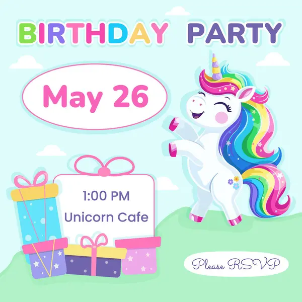 Doğum günü partisi davetiyesi. Çok renkli saçları ve hediyeleri olan şirin ve mutlu bir tek boynuzlu at şablonu. Poster, Banner, Flyer. Çizgi film tarzında vektör illüstrasyonu