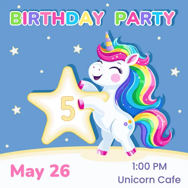 5 numaralı doğum günü partisi davetiyesi. Çok renkli saçlı ve yıldızlı şirin ve mutlu tek boynuzlu bir at şablonu. Poster, Banner, Flyer. Çizgi film tarzında vektör illüstrasyonu