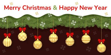 Noel ağacında parıltılı ve kırmızı kurdeleli güzel altın noel baloları asılı. Mutlu Yıllar ve Mutlu Noeller tasarımı için arka plan. Vektör gerçekçiliği