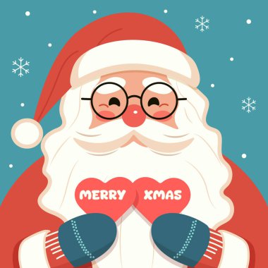 Gözlüklü ve gülümseyen Noel Baba 'nın elinde iki kalp var. Poster, Banner, Flyer, Greeting Card için mutlu noel tasarımları. Çizgi film tarzında vektör illüstrasyonu