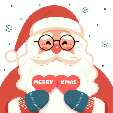 Nazik ve gülümseyen gözlüklü Noel Baba beyaz arka planda iki kalp tutuyor. Poster, Banner, Flyer, Greeting Card için mutlu noel tasarımları. Çizgi film tarzında vektör illüstrasyonu