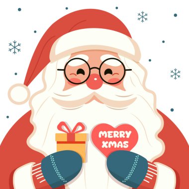 Gözlüklü nazik Noel Baba, beyaz arka planda elinde hediye ve kalp tutuyor. Poster, Banner, Flyer, Greeting Card için mutlu noel tasarımları. Çizgi film tarzında vektör illüstrasyonu
