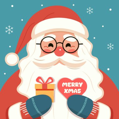 Gözlüklü ve gülümseyen Noel Baba 'nın elinde bir hediye ve bir kalp var. Poster, Banner, Flyer, Greeting Card için mutlu noel tasarımları. Çizgi film tarzında vektör illüstrasyonu