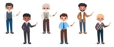 Farklı gülümseyen ve beyaz arka planda sivri uçlu kalemle dost canlısı bir iş adamı. Farklı yaş ve çok uluslu karakterler. Çizgi film tarzında vektör illüstrasyonu