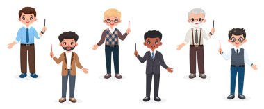 Farklı gülümseyen ve beyaz arka planda sivri uçlu kalemle dost canlısı bir iş adamı. Farklı yaş ve çok uluslu karakterler. Çizgi film tarzında vektör illüstrasyonu