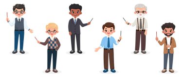 Farklı gülümseyen ve beyaz arka planda sivri uçlu kalemle dost canlısı bir iş adamı. Farklı yaş ve çok uluslu karakterler. Çizgi film tarzında vektör illüstrasyonu