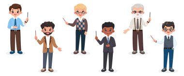 Farklı gülümseyen ve beyaz arka planda sivri uçlu kalemle dost canlısı bir iş adamı. Farklı yaş ve çok uluslu karakterler. Çizgi film tarzında vektör illüstrasyonu