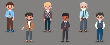 Gri arka planda farklı gülümseyen ve dost canlısı iş adamı öğretmenleri. Farklı yaş ve çok uluslu karakterler. Çizgi film tarzında vektör illüstrasyonu