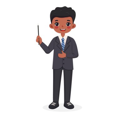 Gülümseyen ve dost canlısı bir iş adamı olan şık takım elbiseli Afro-Amerikan öğretmen beyaz arka planda tahta kalem gösteriyor. Poster, Banner, Flyer. Çizgi film tarzında vektör illüstrasyonu